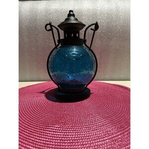 Antique-Style Blue Glass Lantern With Metal Frame & Handle Decorative Home Candl